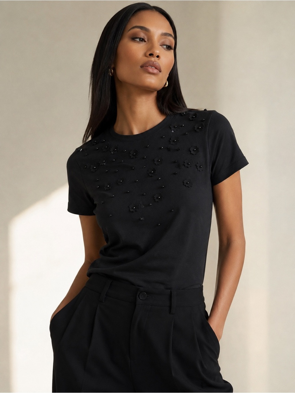 **BUNDLE ME** H&M Black Stone & Flower Embellished T-Shirt Size S NWOT